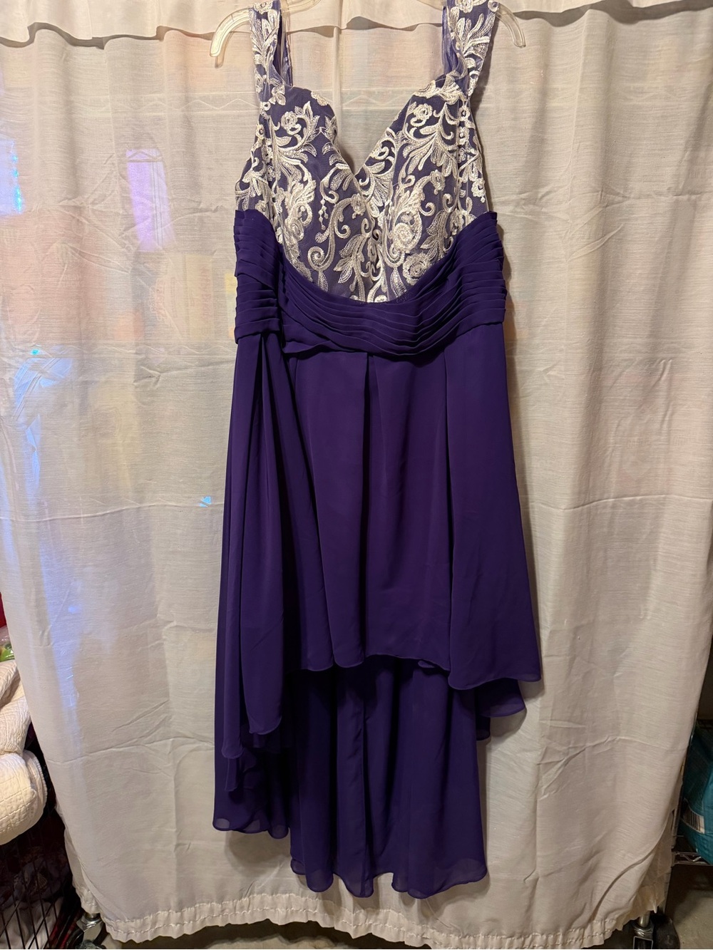 JJs House Purple Chiffon High-Low Dress with Silver Lace Bodice